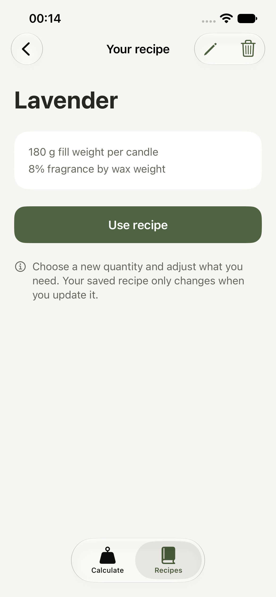 A saved Lavender recipe with the Use recipe button to start another batch.