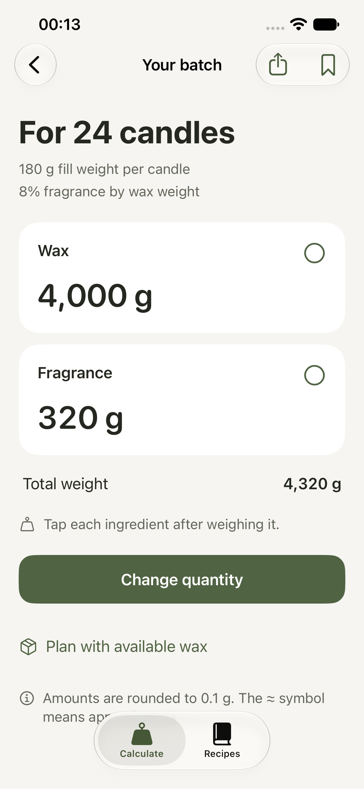 Cera on iPhone: 24 candles at 180 grams each, with 8% fragrance by wax weight, need 4,000 grams of wax and 320 grams of fragrance.